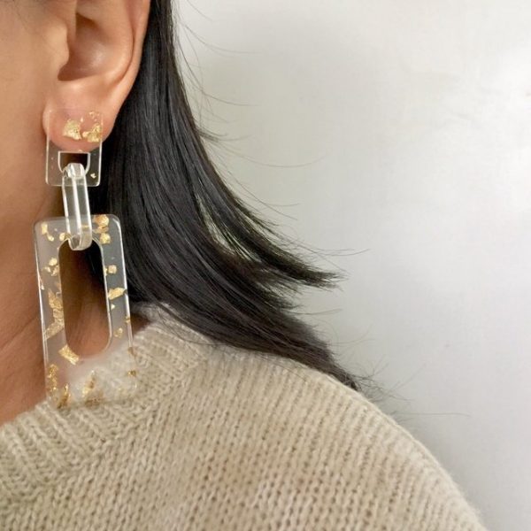 Transparent gold foil gilding flakes rectangle earrings