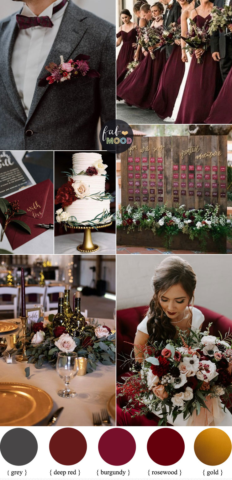 Deep Red + Burgundy and grey with a touch of gold For Fall Wedding