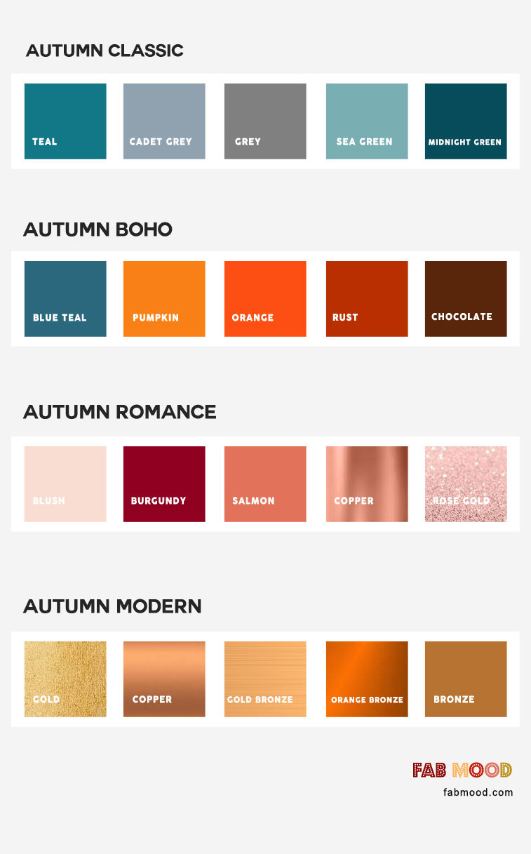 The Perfect Fall Wedding Color Combos for the 4 different styles of weddings