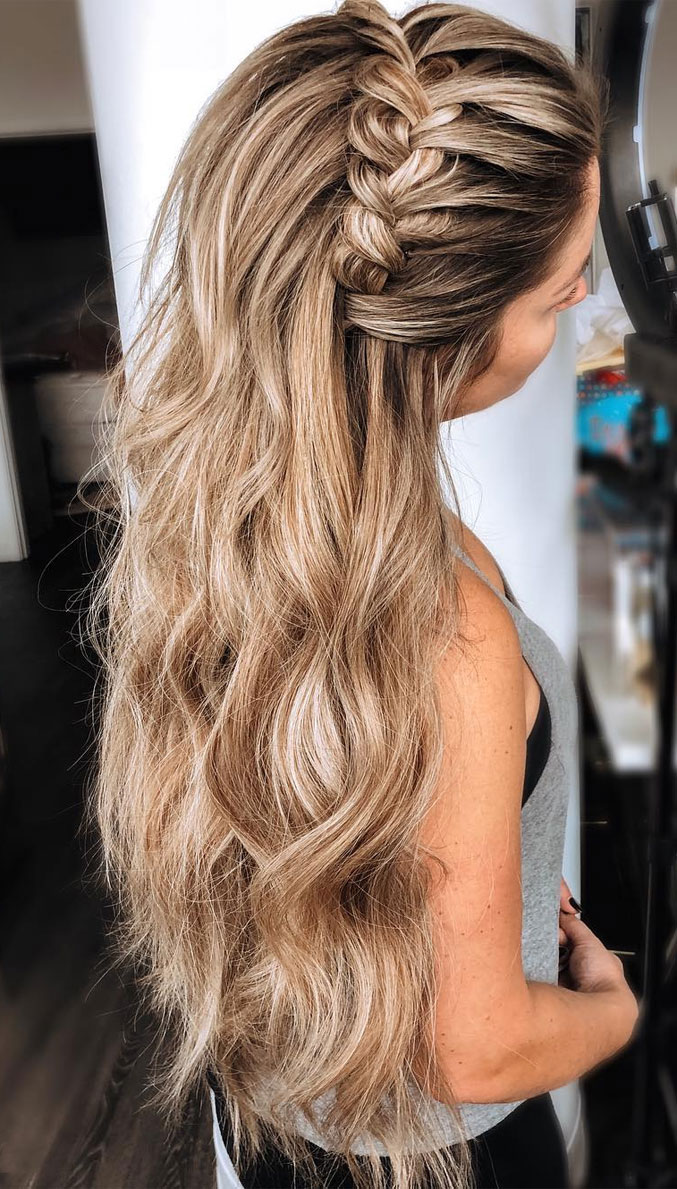 33 Amazing half up half down hairstyles for any occasion - braid half up, fishtail braids , half up half down hairstyles #hairstyle #halfup #braids #weddinghair #promhair Boho hairstyles