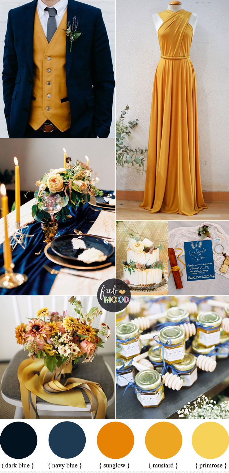 Mustard and Navy blue Color Combos { Primrose + Sunglow Yellow Pantone 2018 }