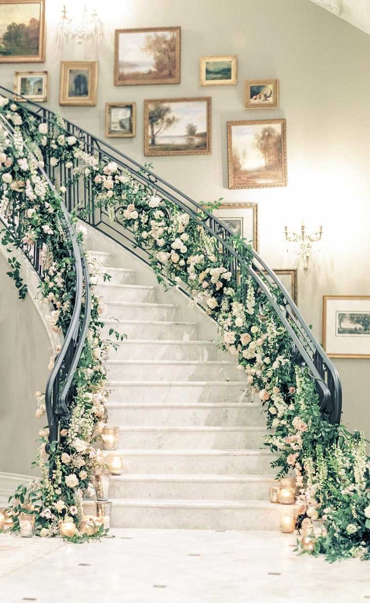 12 Fabulous wedding staircase decoration ideas - how to decorate a staircase with flowers ,staircase draping #weddingdecor #weddingstaircase #weddingdecorations #romanticwedding