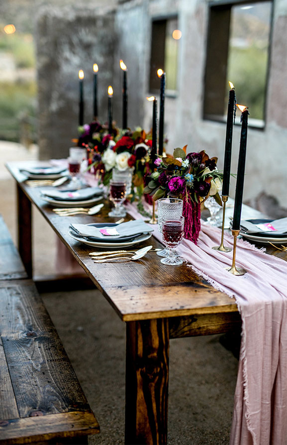 Beautiful jewel toned wedding table decoration 