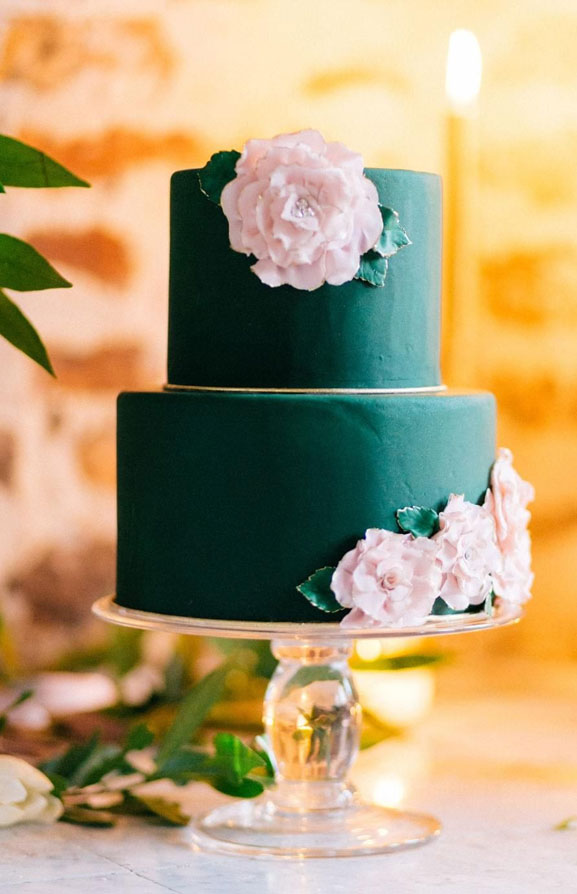 Green emerald wedding cake with pink sugar flowers