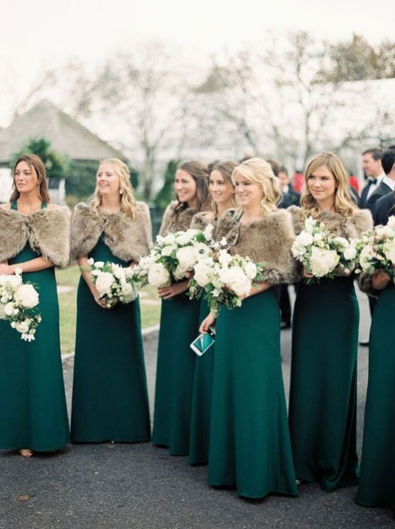 Green emerald bridesmaid dresses - white bouquets #bouquet #winterwedding #bridesmaids