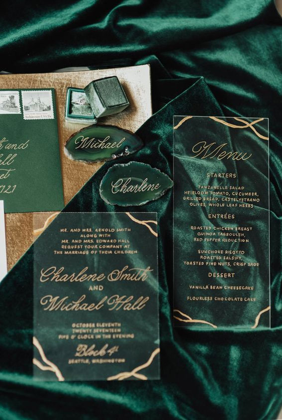 Green and gold wedding invitations #invitations wedding stationery