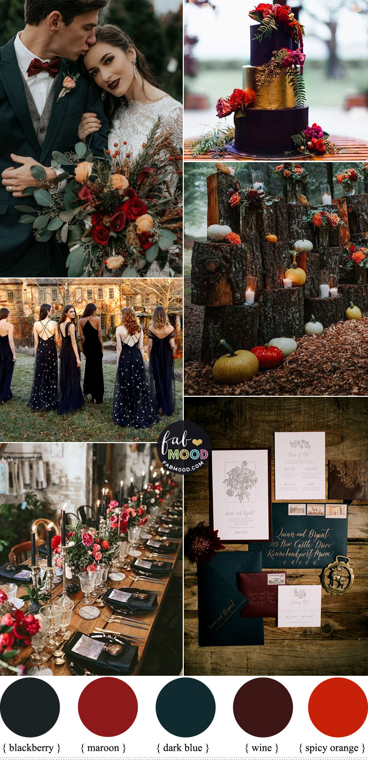 Autumn wedding colors 2019 { Blackberry + Dark Blue + Maroon + Spicy Orange + Wine } #color #fall #autumn #wedding
