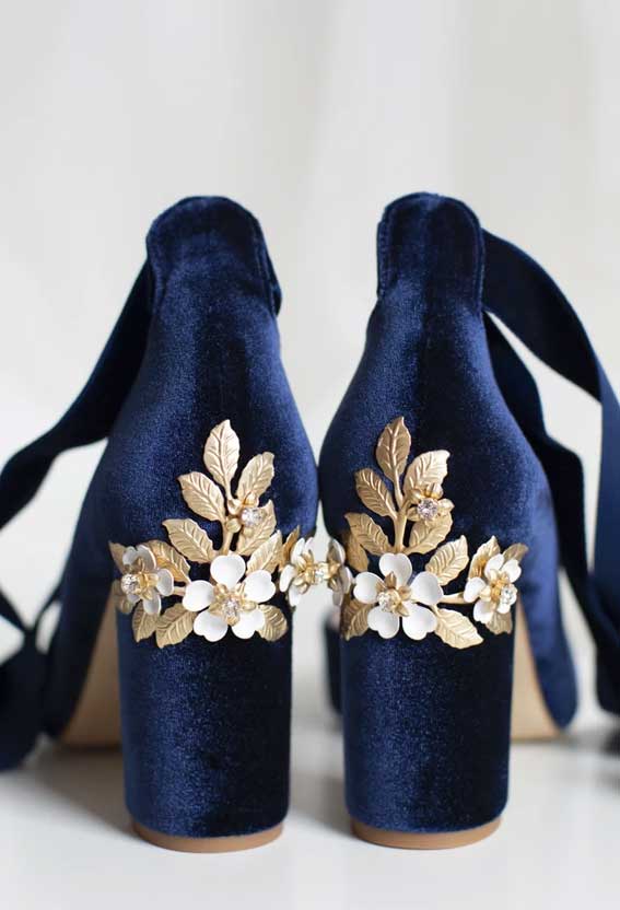 blue wedding shoes, blue bridal heels, blue and gold wedding shoes