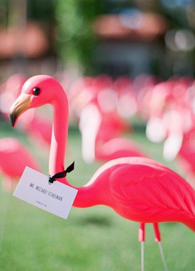 flamingo escort cards, escort cards , fun escort card ideas , creative escort cards