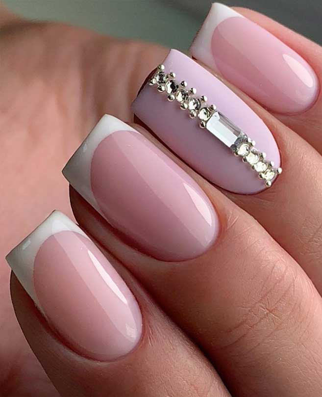 100 Beautiful Wedding Nail Art Ideas For Your Big Day – Light pink French nails with crystal details