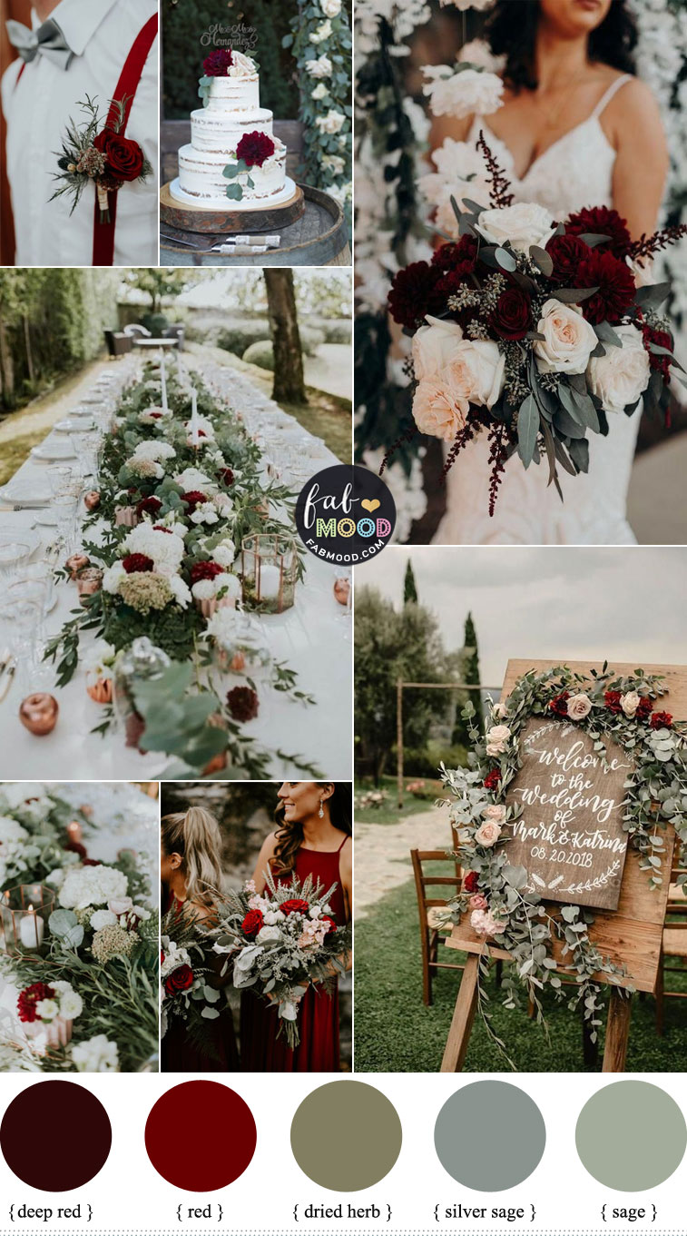Red, Sage, White and Silver Sage Wedding Color Palette