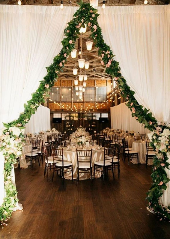 Wedding reception - Winter wedding reception ideas , tulle with greenery decorated entrance entryway to wedding reception