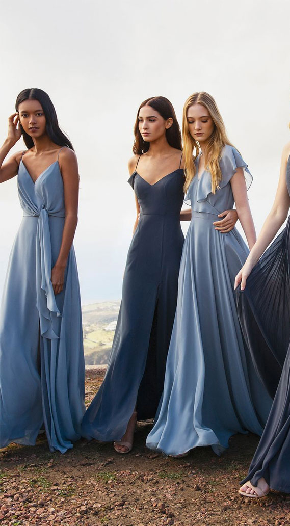 mix matched blue bridesmaid dresses, dusty blue bridesmaid dresses, blue bridesmaids, bridesmaid dresses #dustyblue #bridesmaiddresses
