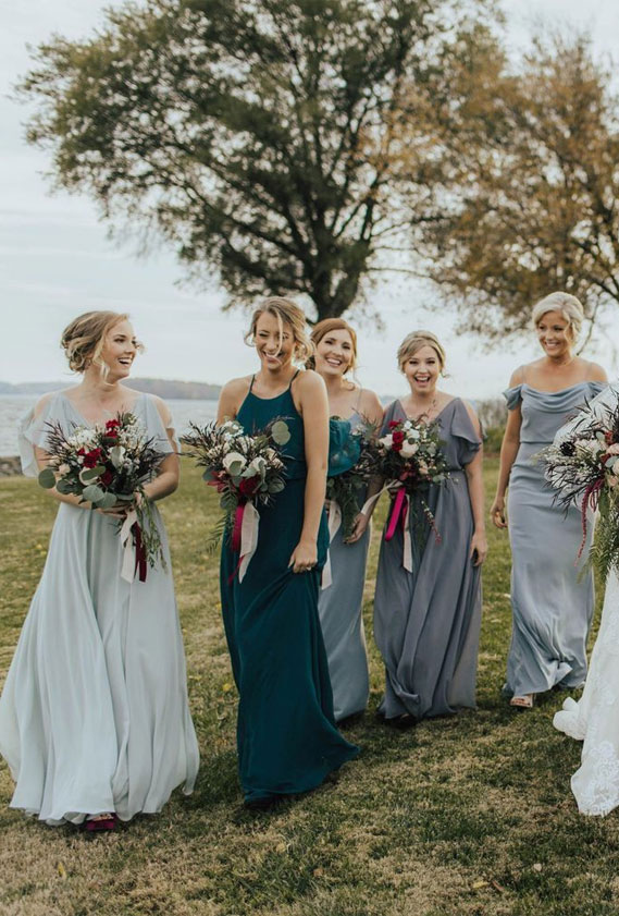 mix matched blue bridesmaid dresses, dusty blue bridesmaid dresses, blue bridesmaids, bridesmaid dresses #dustyblue #bridesmaiddresses