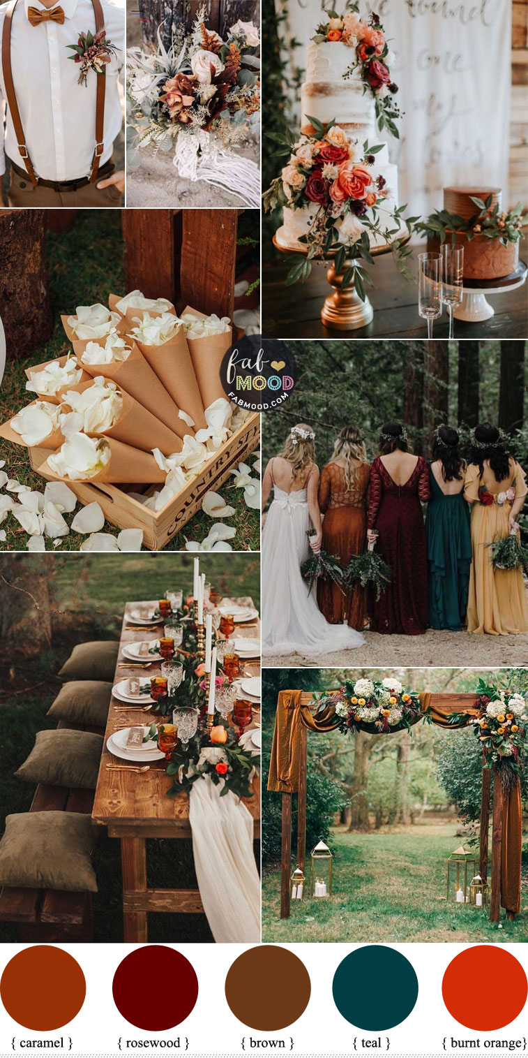 Fall wedding colors 2020 { burnt orange + teal +brown } #fall #autumn #wedding mix matched bridesmaid dress fall wedding