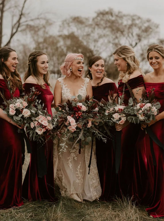 red velvet bridesmaid dress, bridesmaid dresses, winter bridesmaid dresses, deep red bridesmaid dresses #velvetbridesmaiddresses #velvet