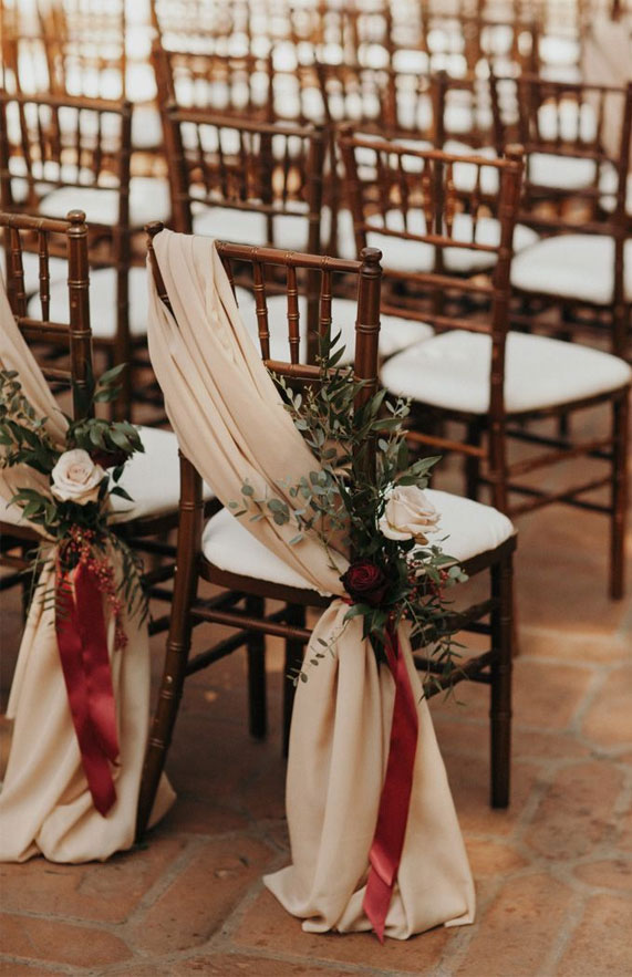 industrial wedding ideas, wedding chairs, fabric draped wedding chairs, wedding ceremony decors #weddingchairs