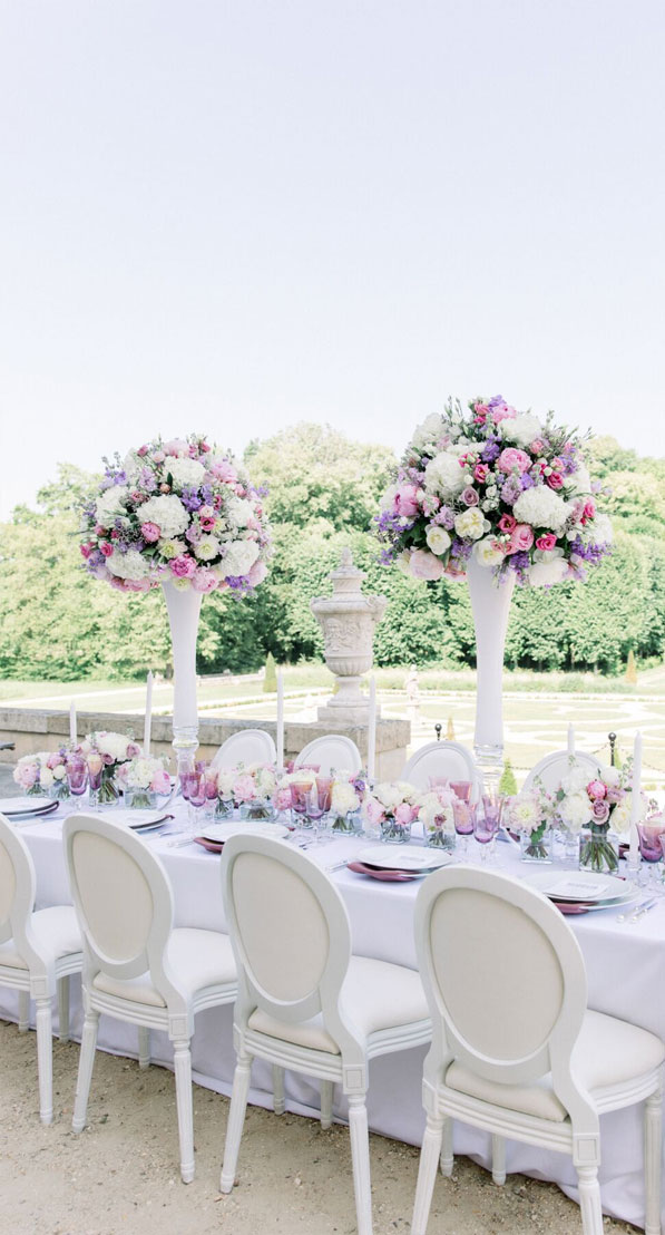 dreamy french chateau wedding, outdoor wedding reception , french chateau wedding, wedding reception decors, tall wedding centerpieces