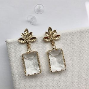 gold leaf earrings, leaf and clear glass drop earrings, earrings, leaf earrings