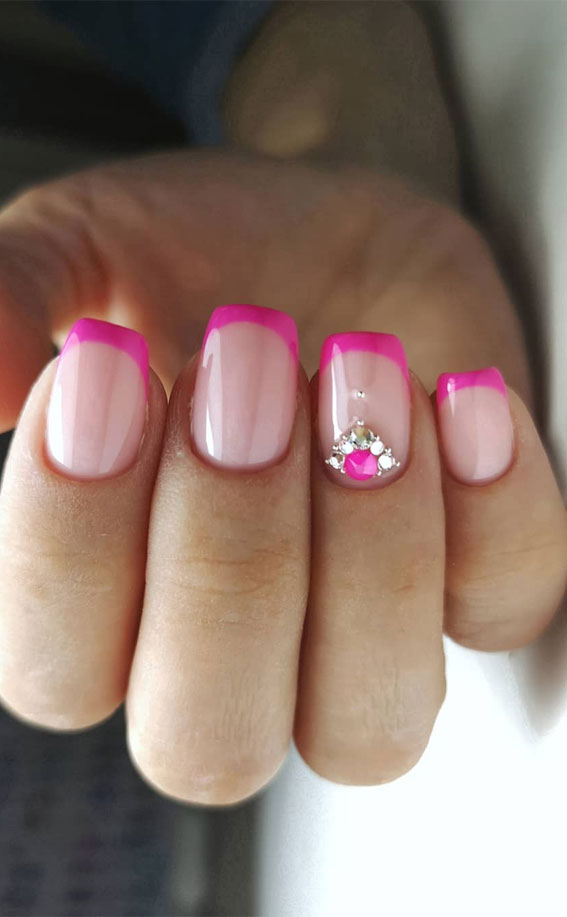 Hot Pink French Nails : Hot pink nails with white tips long fre...