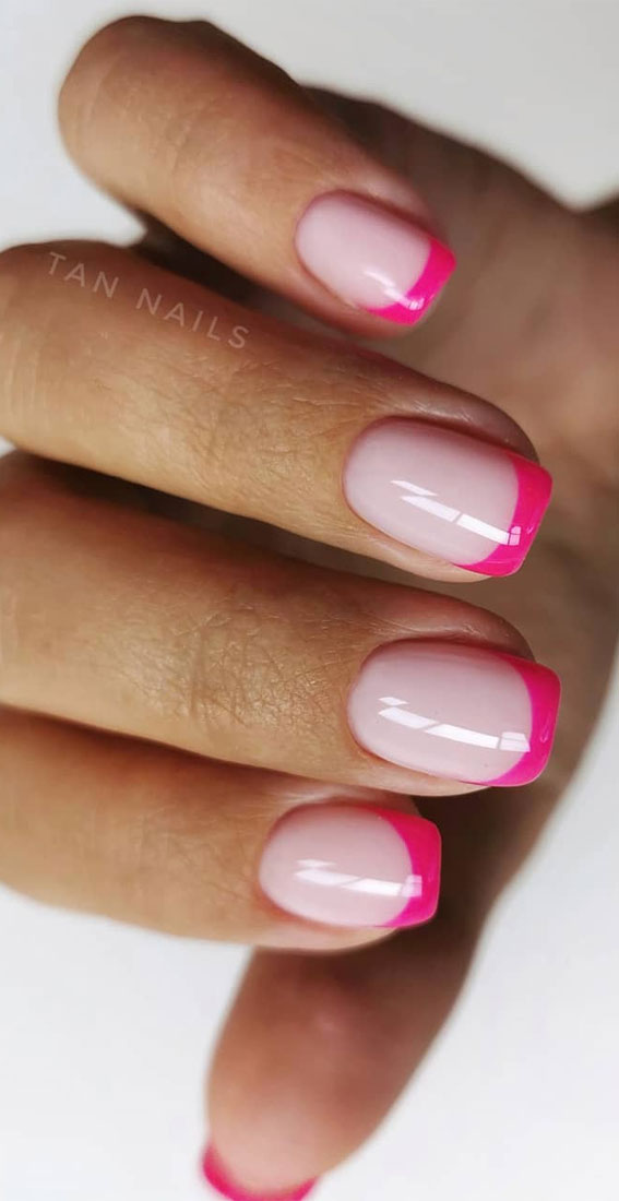 french manicure with color line, colorful french nail tips, neon french nail tip, colored french manicure , french manicure nails, french tip nails designs, french tip nails, french tip nails short, french tip nails designs, french tip nails coffin, french tip nails | acrylic, french tip nails 2020, pink french tip nails