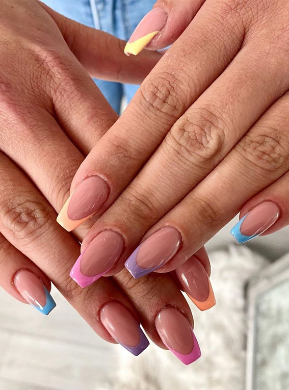 french manicure with color line, colorful french nail tips, neon french nail tip, colored french manicure , french manicure nails, french tip nails designs, french tip nails, french tip nails short, french tip nails designs, french tip nails coffin, french tip nails | acrylic, french tip nails 2020, pink french tip nails