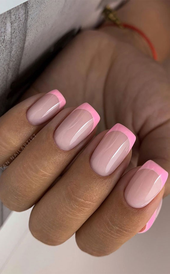 french manicure with color line, colorful french nail tips, neon french nail tip, colored french manicure , french manicure nails, french tip nails designs, french tip nails, french tip nails short, french tip nails designs, french tip nails coffin, french tip nails | acrylic, french tip nails 2020, pink french tip nails