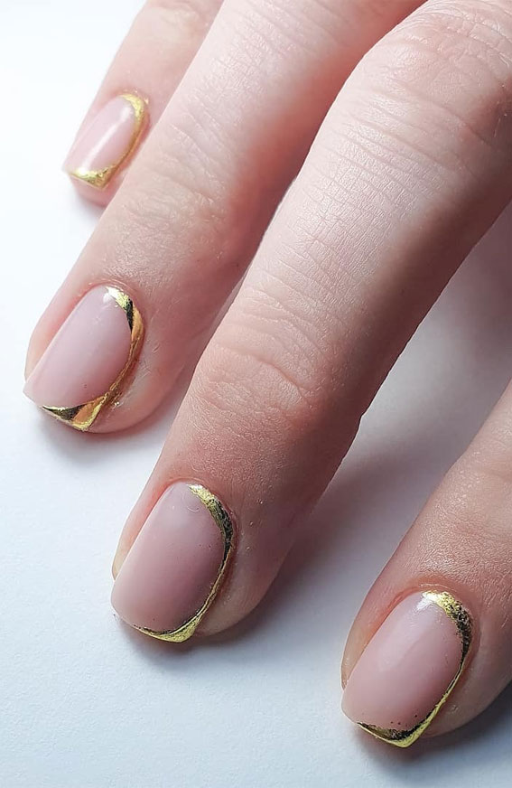 gold french tips, gold foil nails, simple short nails , short nails design