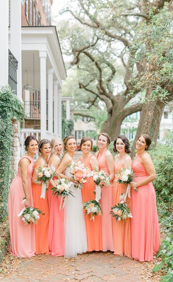 peach and orange bridesmaid dresses, citrus bridesmaid dresses