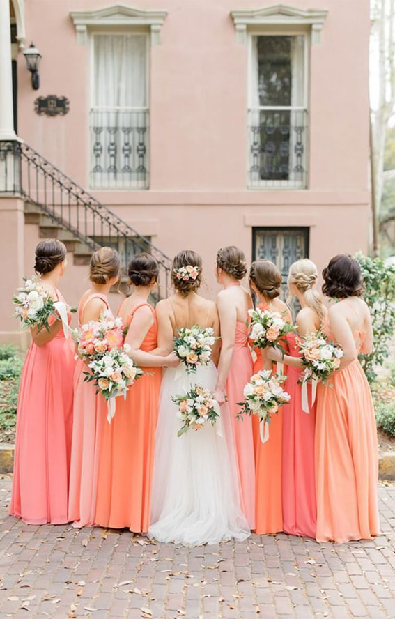 peach and orange bridesmaid dresses, citrus bridesmaid dresses