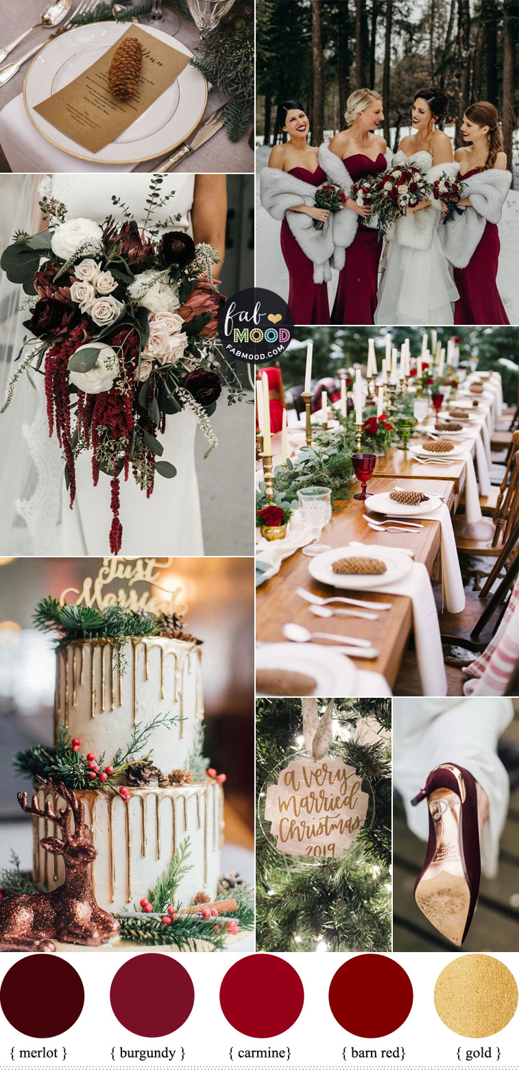 Winter Wedding Inspiration Burgundy Red and Gold Colour Theme }