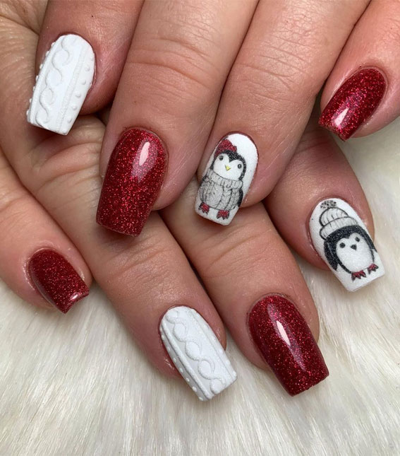 penguin winter nail design, red plaid christmas nails, christmas nail designs 2020, christmas nails, christmas nails 2020, red festive nails, red nail designs for christmas, easy christmas nail art, red christmas nail designs 2020, red nails, festive nails, red christmas nails