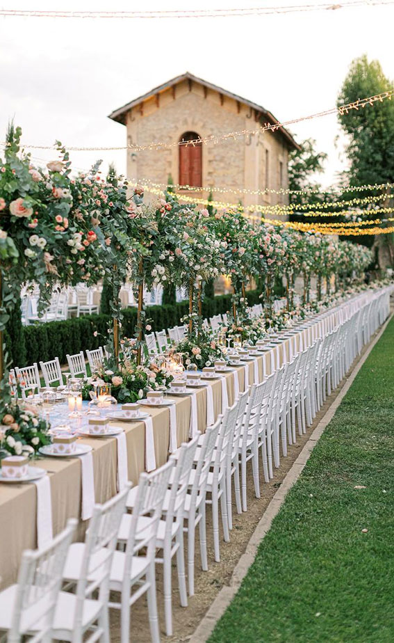 garden wedding reception, long wedding table decoration, wedding table setting, garden wedding decor ideas