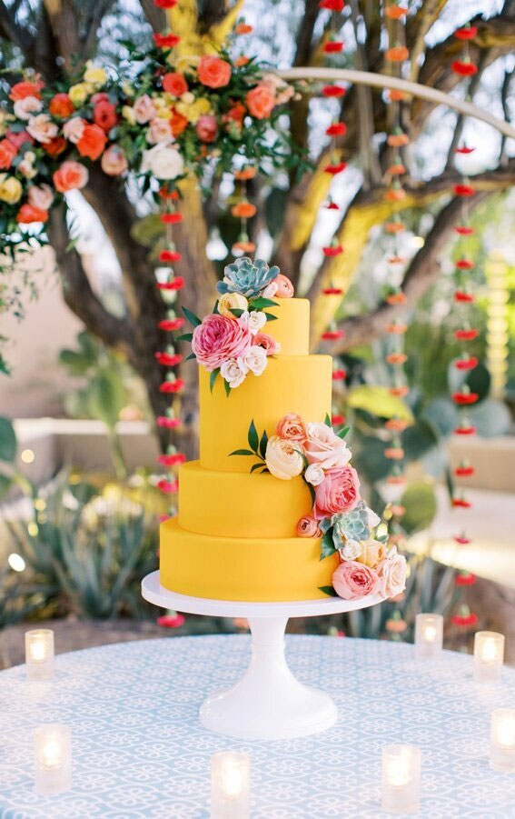 yellow wedding cake, yellow cake , colorful wedding cake