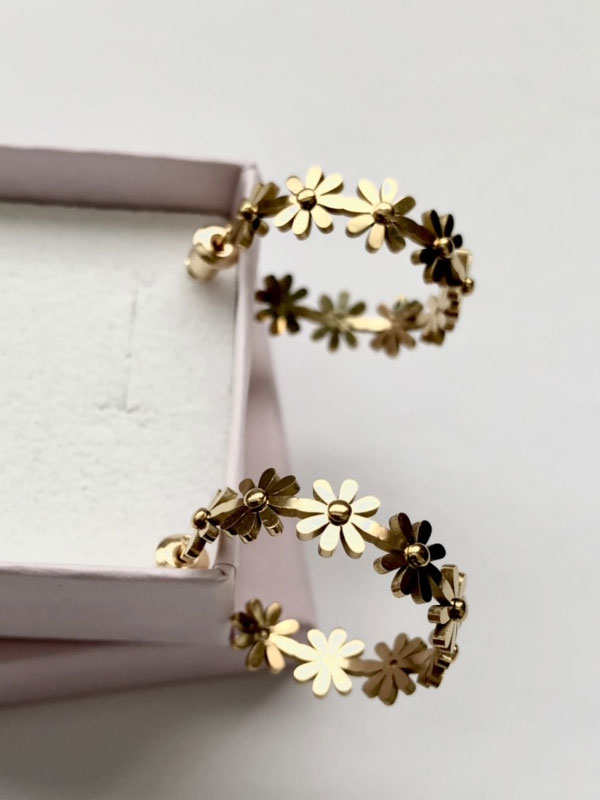 14k gold hoop flower earrings, flower gold hoop earrings, 14k gold link earrings, hypoallergenic earrings