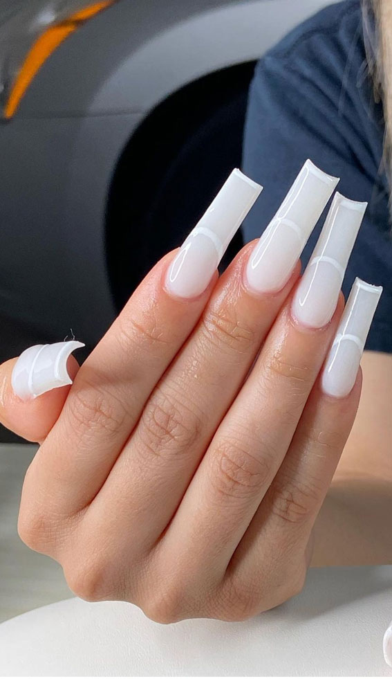 coffin white nails, modern french manicure, white nail art designs, white nails, white and nude nails, white nail designs , white nail ideas 2021
