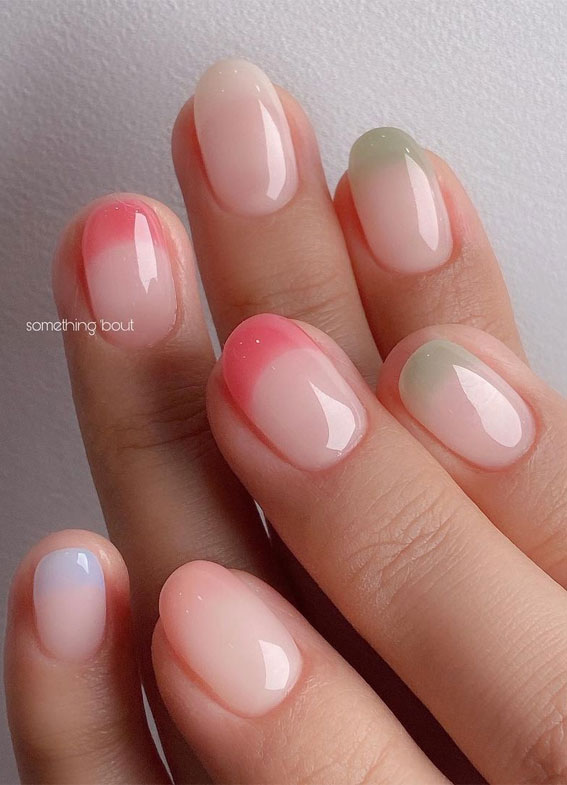 french gel nails, pretty natural looking nails, rainbow nails, colorful rainbow nails, rainbow nude nails, rainbow sticker nails, easy rainbow nails, cute summer nails designs, ombre rainbow nails, rainbow ombre nails