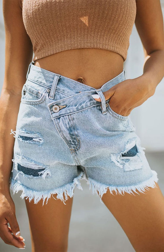 denim shorts, simple summer outfits, ripped short denim and white t-shirt, summer outfit ideas, cute summer outfits