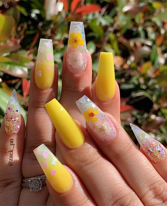 ombre nails, summer nail art, ombre yellow nails, clear nails, summer nail designs 2021, summer nail art designs, flower inside nail art