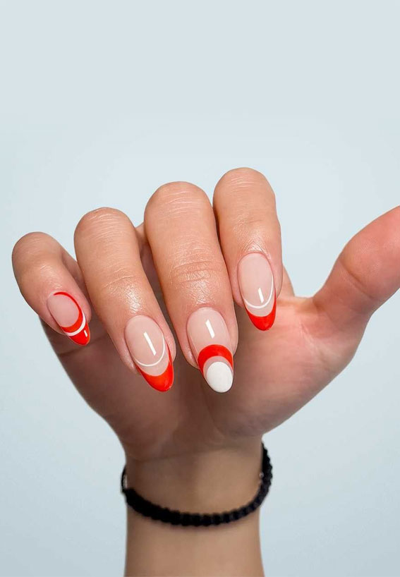 french manicure with a twist, summer nail art designs, red and white tip nails, red and white nail art designs