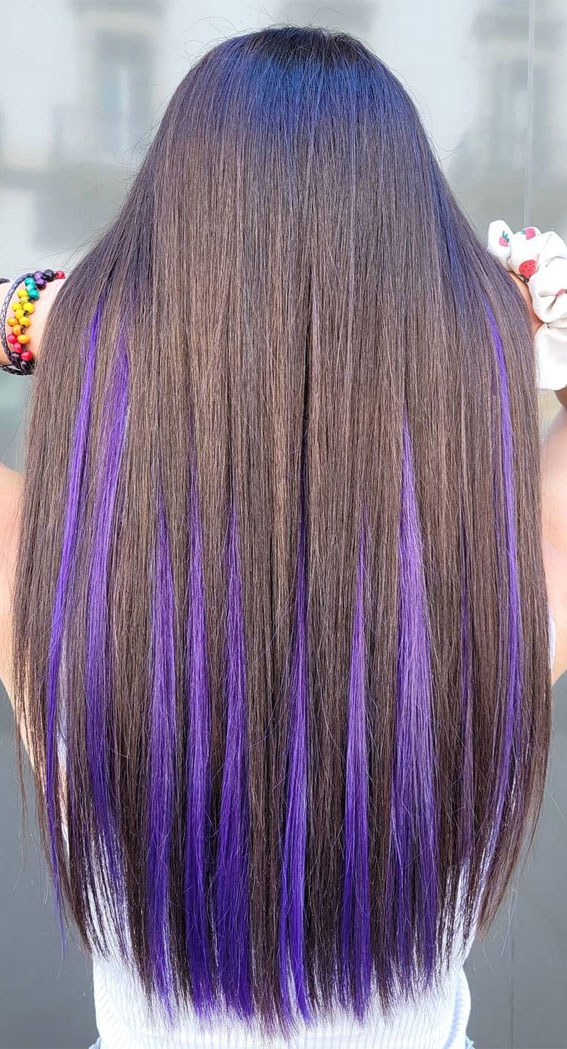 two tone hair color for brunettes, chocolate and purple hair color ideas, dark brown and purple two tone hair color