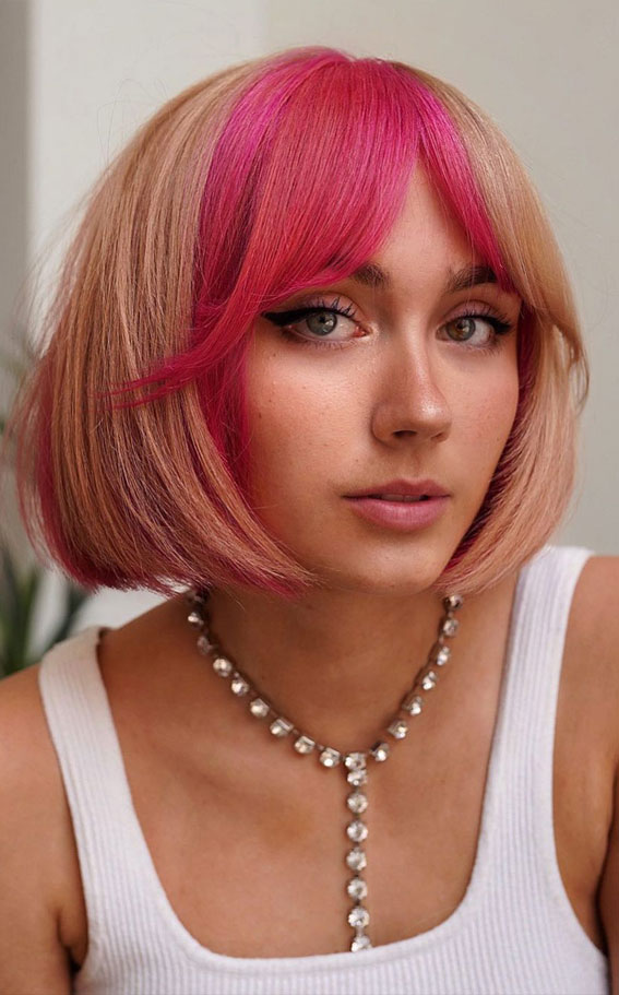 brown and pink two tone hair color, peach and pink hair color, blonde and pink hair color, strawberry hair color , french bob cut with fringe