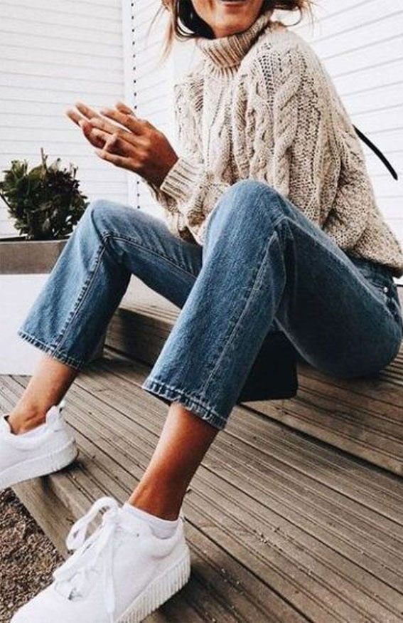 simple beige sweater with denim, fall outfits, casual fall outfits 2021, fall school outfits ideas, autumn outfits for ladies 2021, fall outfits for girls, fall outfits 2021, easy fall outfits