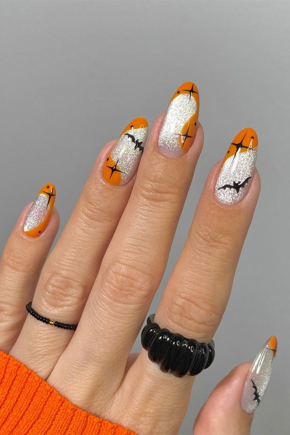 shimmery halloween nails, halloween nails, halloween nail art, halloween nail designs 2021, halloween nails acrylic, halloween nails pumpkin, halloween nails coffin