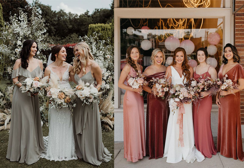 fall bridesmaid dresses 2021, bridesmaid dresses autumn, color palette for bridesmaid dresses, fall weddings 2021