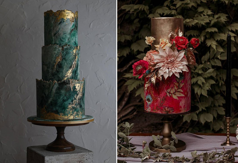 gold and red wedding cake, fall wedding cake, autumn wedding cakes 2021