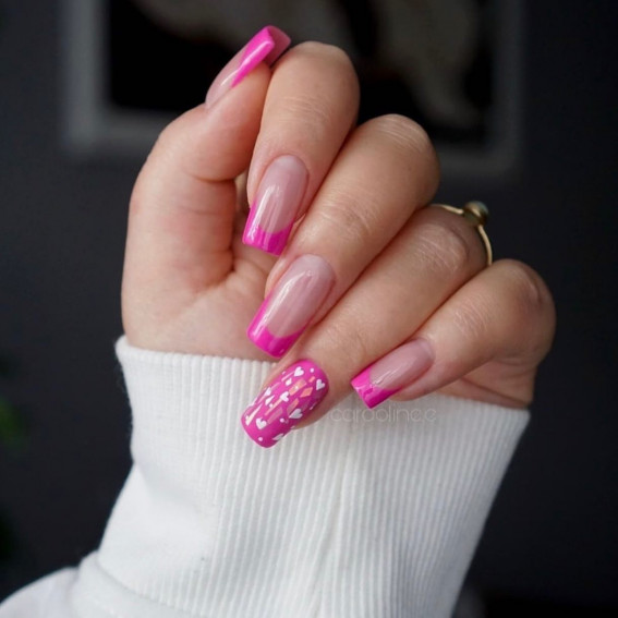 100 Best Valentine’s Day Nails : Hot Pink French Manicure + Love Hearts