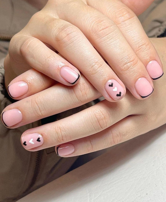 100 Best Valentine’s Day Nails : Thin Black Tip Nails with Black Hearts