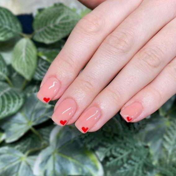 100 Best Valentine’s Day Nails : Nude Short Nails with Tiny Red Hearts
