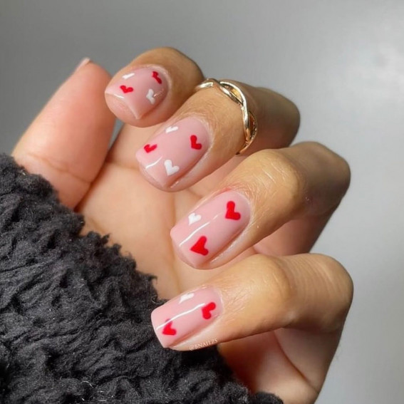 simple white and red heart nails, minimalist nails, short nail art designs